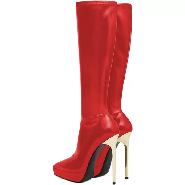 imageFSJ Women Platform Knee High Boots Sexy Pointed Toe Metal Stiletto High Heel Boots Wide Calf Stretch Leather Zipper Winter Party Dress Shoes Size 415 USRed