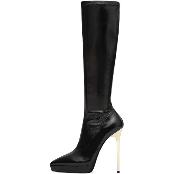 imageFSJ Women Platform Knee High Boots Sexy Pointed Toe Metal Stiletto High Heel Boots Wide Calf Stretch Leather Zipper Winter Party Dress Shoes Size 415 USBlack