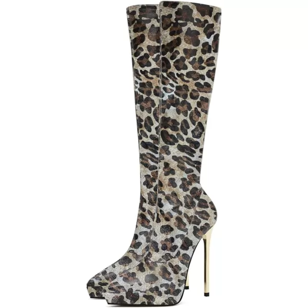 imageFSJ Women Platform Knee High Boots Sexy Pointed Toe Metal Stiletto High Heel Boots Wide Calf Stretch Leather Zipper Winter Party Dress Shoes Size 415 USGrey Leopard