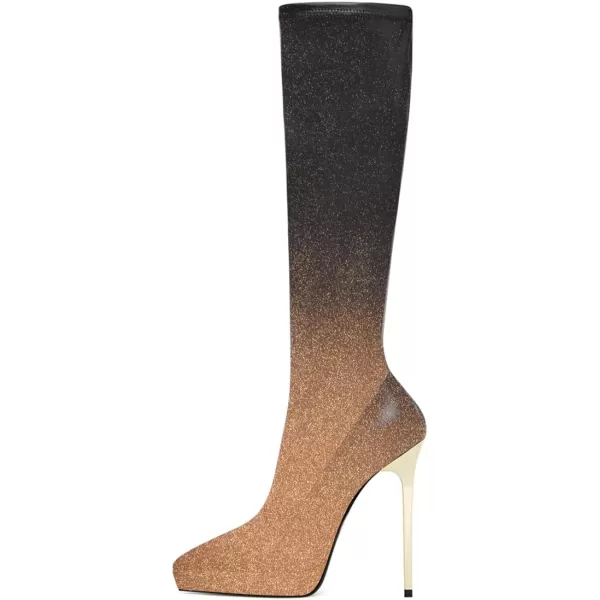 imageFSJ Women Platform Knee High Boots Sexy Pointed Toe Metal Stiletto High Heel Boots Wide Calf Stretch Leather Zipper Winter Party Dress Shoes Size 415 USGolden Glitter Gradient