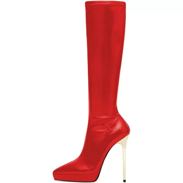 imageFSJ Women Platform Knee High Boots Sexy Pointed Toe Metal Stiletto High Heel Boots Wide Calf Stretch Leather Zipper Winter Party Dress Shoes Size 415 USRed
