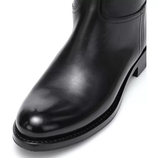 imageFSJ Women Regular Round Toe Flat Riding Knee High Boots Wide Calf Buckled Strappy Chunky Low Heel Western Long Boots Pull On Dress Shoe Size 415 USBlack
