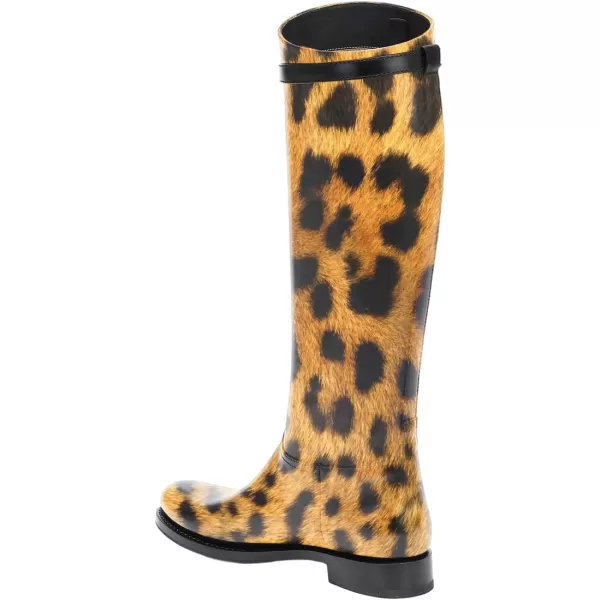 imageFSJ Women Regular Round Toe Flat Riding Knee High Boots Wide Calf Buckled Strappy Chunky Low Heel Western Long Boots Pull On Dress Shoe Size 415 USLeopard Print