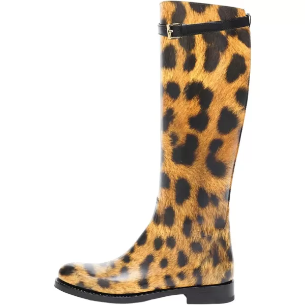 imageFSJ Women Regular Round Toe Flat Riding Knee High Boots Wide Calf Buckled Strappy Chunky Low Heel Western Long Boots Pull On Dress Shoe Size 415 USLeopard Print
