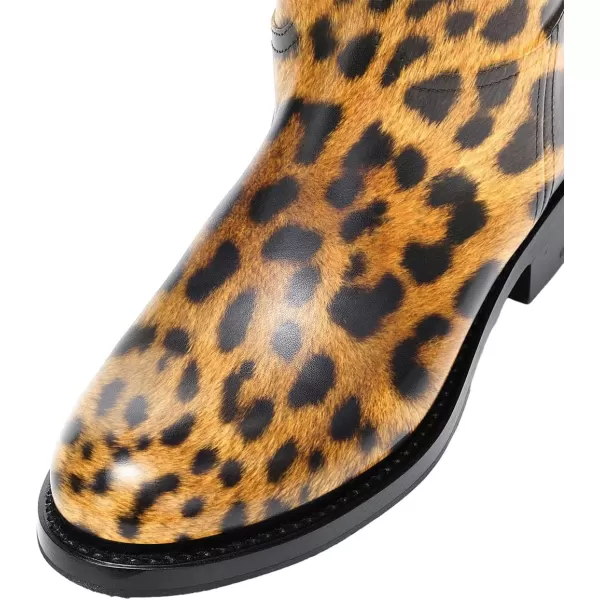 imageFSJ Women Regular Round Toe Flat Riding Knee High Boots Wide Calf Buckled Strappy Chunky Low Heel Western Long Boots Pull On Dress Shoe Size 415 USLeopard Print