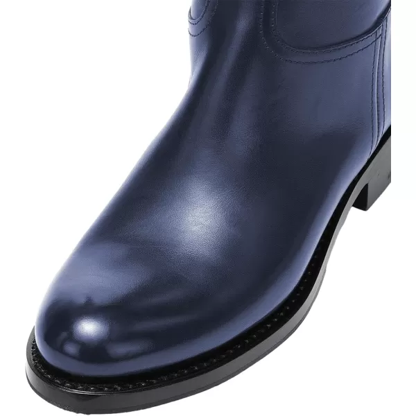 imageFSJ Women Regular Round Toe Flat Riding Knee High Boots Wide Calf Buckled Strappy Chunky Low Heel Western Long Boots Pull On Dress Shoe Size 415 USNavy Blue
