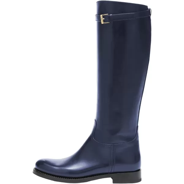 imageFSJ Women Regular Round Toe Flat Riding Knee High Boots Wide Calf Buckled Strappy Chunky Low Heel Western Long Boots Pull On Dress Shoe Size 415 USNavy Blue