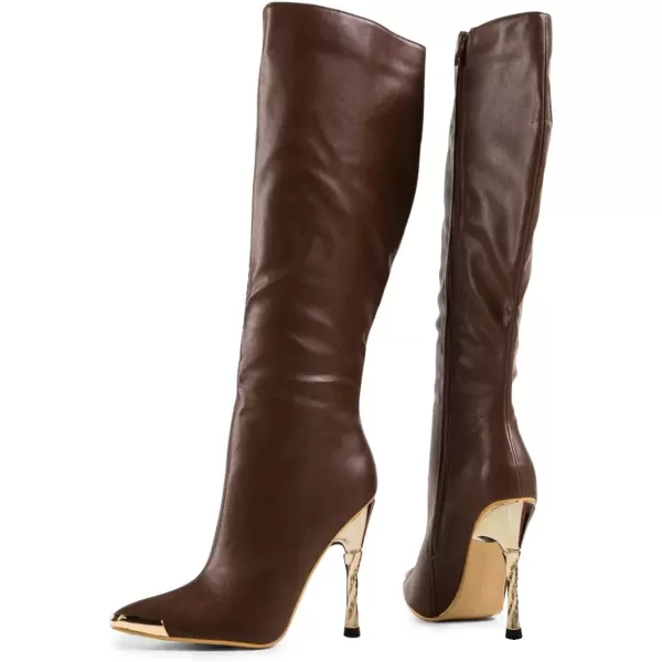 imageFSJ Women Sexy Pointy Toe Metal Stiletto High Heel Stretchy Knee High Boots Fashion Gold Thin Heels Comfy Leather Side Zipper Winter Fall Tall Boots Size 415 USBrown