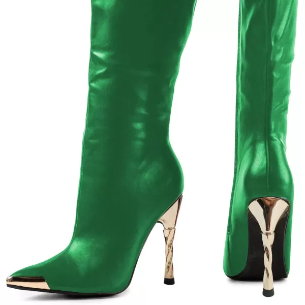 imageFSJ Women Sexy Pointy Toe Metal Stiletto High Heel Stretchy Knee High Boots Fashion Gold Thin Heels Comfy Leather Side Zipper Winter Fall Tall Boots Size 415 USGreen