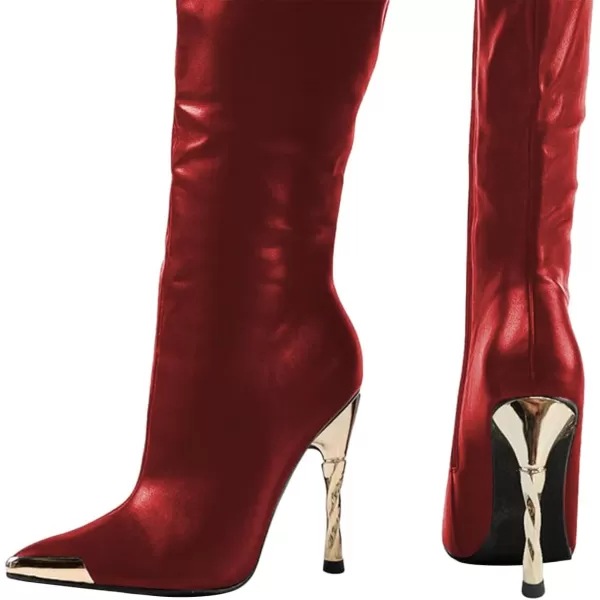 imageFSJ Women Sexy Pointy Toe Metal Stiletto High Heel Stretchy Knee High Boots Fashion Gold Thin Heels Comfy Leather Side Zipper Winter Fall Tall Boots Size 415 USRed