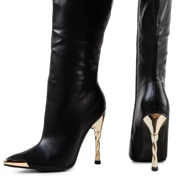 imageFSJ Women Sexy Pointy Toe Metal Stiletto High Heel Stretchy Knee High Boots Fashion Gold Thin Heels Comfy Leather Side Zipper Winter Fall Tall Boots Size 415 USBlack