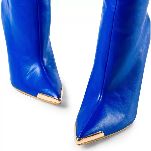 imageFSJ Women Sexy Pointy Toe Metal Stiletto High Heel Stretchy Knee High Boots Fashion Gold Thin Heels Comfy Leather Side Zipper Winter Fall Tall Boots Size 415 USBlue