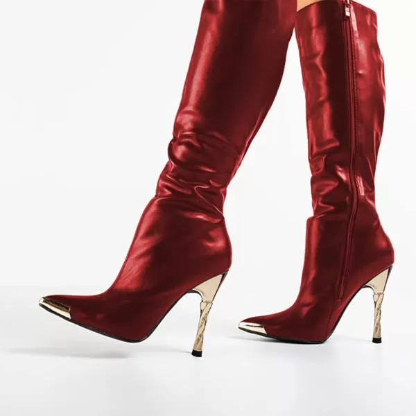 imageFSJ Women Sexy Pointy Toe Metal Stiletto High Heel Stretchy Knee High Boots Fashion Gold Thin Heels Comfy Leather Side Zipper Winter Fall Tall Boots Size 415 USRed
