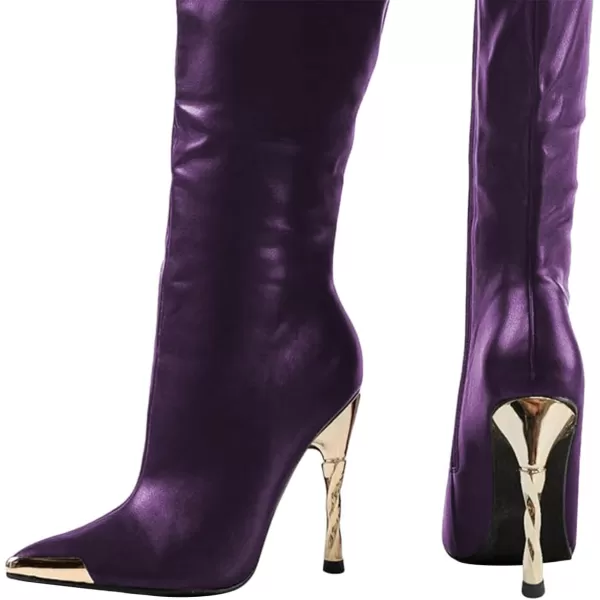 imageFSJ Women Sexy Pointy Toe Metal Stiletto High Heel Stretchy Knee High Boots Fashion Gold Thin Heels Comfy Leather Side Zipper Winter Fall Tall Boots Size 415 USPurple