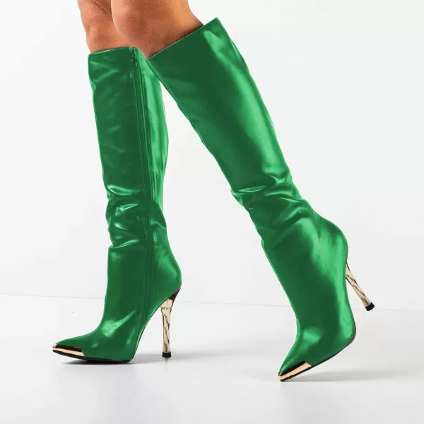 imageFSJ Women Sexy Pointy Toe Metal Stiletto High Heel Stretchy Knee High Boots Fashion Gold Thin Heels Comfy Leather Side Zipper Winter Fall Tall Boots Size 415 USGreen