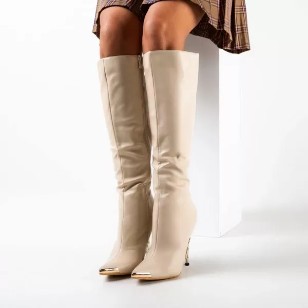 imageFSJ Women Sexy Pointy Toe Metal Stiletto High Heel Stretchy Knee High Boots Fashion Gold Thin Heels Comfy Leather Side Zipper Winter Fall Tall Boots Size 415 USBeige
