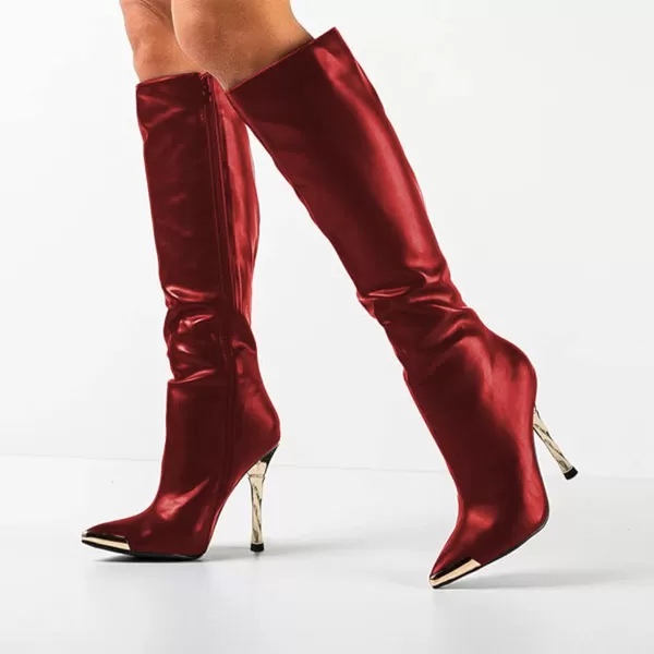 imageFSJ Women Sexy Pointy Toe Metal Stiletto High Heel Stretchy Knee High Boots Fashion Gold Thin Heels Comfy Leather Side Zipper Winter Fall Tall Boots Size 415 USRed