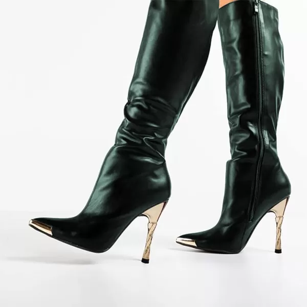 imageFSJ Women Sexy Pointy Toe Metal Stiletto High Heel Stretchy Knee High Boots Fashion Gold Thin Heels Comfy Leather Side Zipper Winter Fall Tall Boots Size 415 USDark Green