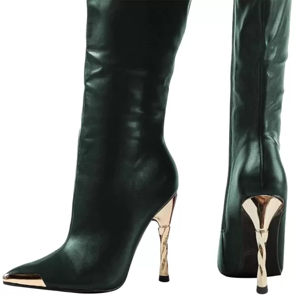 imageFSJ Women Sexy Pointy Toe Metal Stiletto High Heel Stretchy Knee High Boots Fashion Gold Thin Heels Comfy Leather Side Zipper Winter Fall Tall Boots Size 415 USDark Green