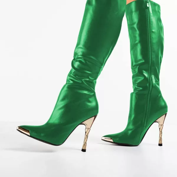 imageFSJ Women Sexy Pointy Toe Metal Stiletto High Heel Stretchy Knee High Boots Fashion Gold Thin Heels Comfy Leather Side Zipper Winter Fall Tall Boots Size 415 USGreen