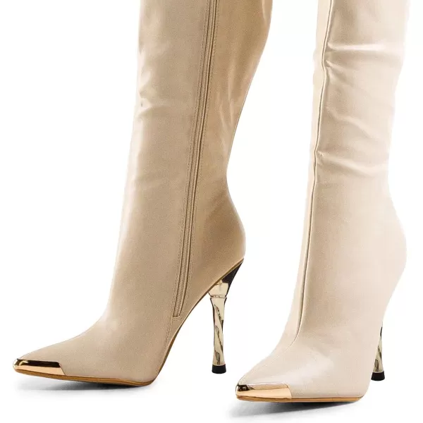 imageFSJ Women Sexy Pointy Toe Metal Stiletto High Heel Stretchy Knee High Boots Fashion Gold Thin Heels Comfy Leather Side Zipper Winter Fall Tall Boots Size 415 USBeige