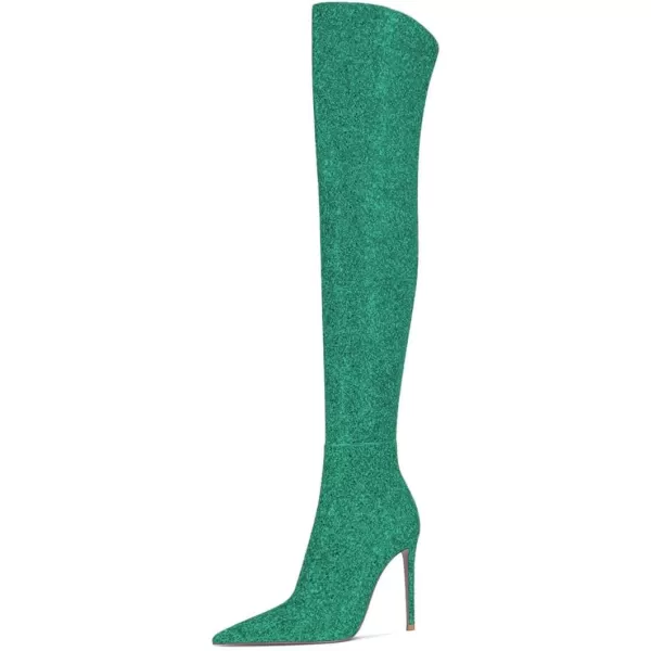 imageFSJ Women Sparkly Glitter Thigh High Boots Over The Knee Long Boots Fashion Sexy High Heels Pointed Toe Party Dance Stiletto Knee High Boots 415 M USGreen