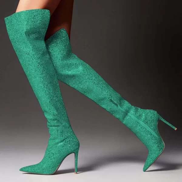 imageFSJ Women Sparkly Glitter Thigh High Boots Over The Knee Long Boots Fashion Sexy High Heels Pointed Toe Party Dance Stiletto Knee High Boots 415 M USGreen