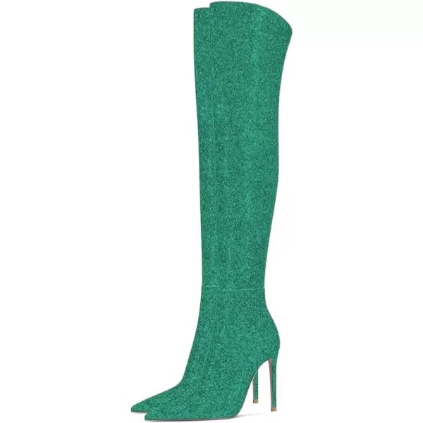 imageFSJ Women Sparkly Glitter Thigh High Boots Over The Knee Long Boots Fashion Sexy High Heels Pointed Toe Party Dance Stiletto Knee High Boots 415 M USGreen