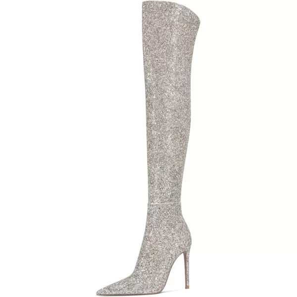 imageFSJ Women Sparkly Glitter Thigh High Boots Over The Knee Long Boots Fashion Sexy High Heels Pointed Toe Party Dance Stiletto Knee High Boots 415 M USLight Gold