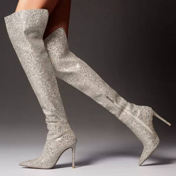 imageFSJ Women Sparkly Glitter Thigh High Boots Over The Knee Long Boots Fashion Sexy High Heels Pointed Toe Party Dance Stiletto Knee High Boots 415 M USLight Gold
