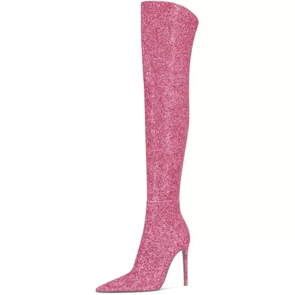 imageFSJ Women Sparkly Glitter Thigh High Boots Over The Knee Long Boots Fashion Sexy High Heels Pointed Toe Party Dance Stiletto Knee High Boots 415 M USPink