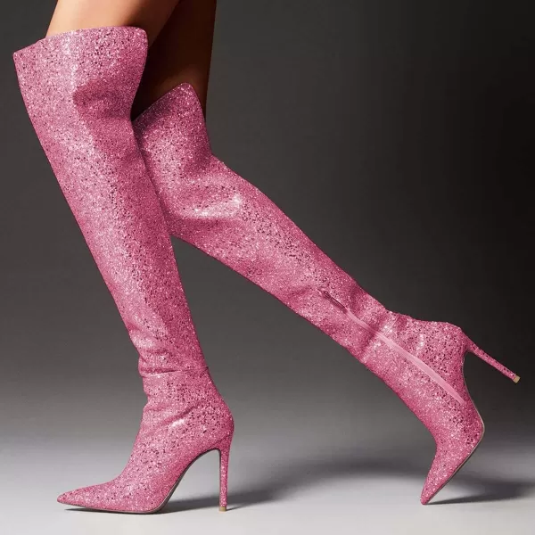 imageFSJ Women Sparkly Glitter Thigh High Boots Over The Knee Long Boots Fashion Sexy High Heels Pointed Toe Party Dance Stiletto Knee High Boots 415 M USPink