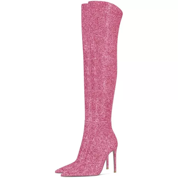 imageFSJ Women Sparkly Glitter Thigh High Boots Over The Knee Long Boots Fashion Sexy High Heels Pointed Toe Party Dance Stiletto Knee High Boots 415 M USPink