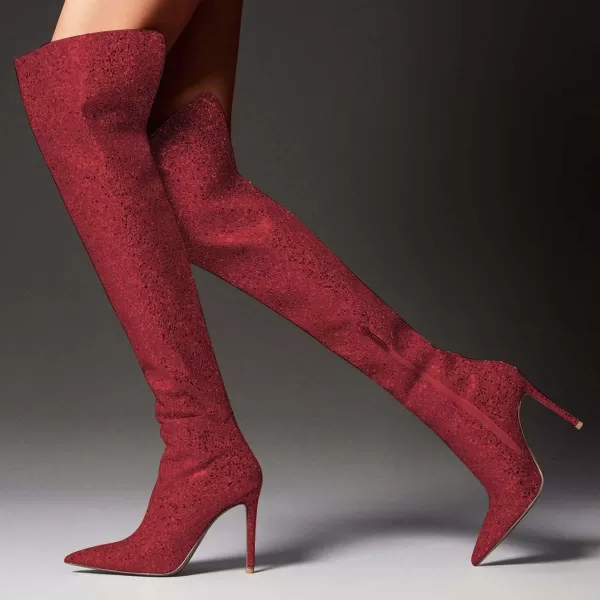 imageFSJ Women Sparkly Glitter Thigh High Boots Over The Knee Long Boots Fashion Sexy High Heels Pointed Toe Party Dance Stiletto Knee High Boots 415 M USRed