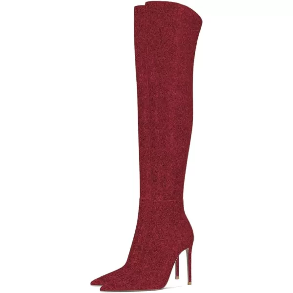 imageFSJ Women Sparkly Glitter Thigh High Boots Over The Knee Long Boots Fashion Sexy High Heels Pointed Toe Party Dance Stiletto Knee High Boots 415 M USRed