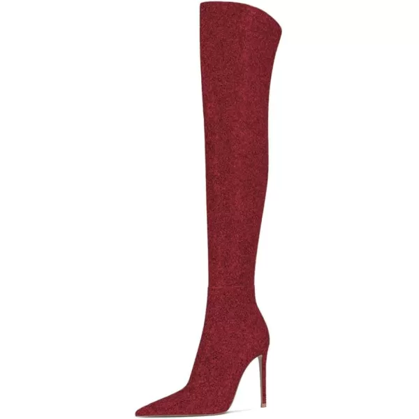 imageFSJ Women Sparkly Glitter Thigh High Boots Over The Knee Long Boots Fashion Sexy High Heels Pointed Toe Party Dance Stiletto Knee High Boots 415 M USRed