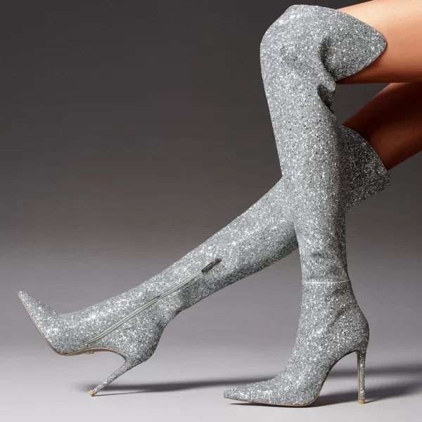 imageFSJ Women Sparkly Glitter Thigh High Boots Over The Knee Long Boots Fashion Sexy High Heels Pointed Toe Party Dance Stiletto Knee High Boots 415 M USSilver