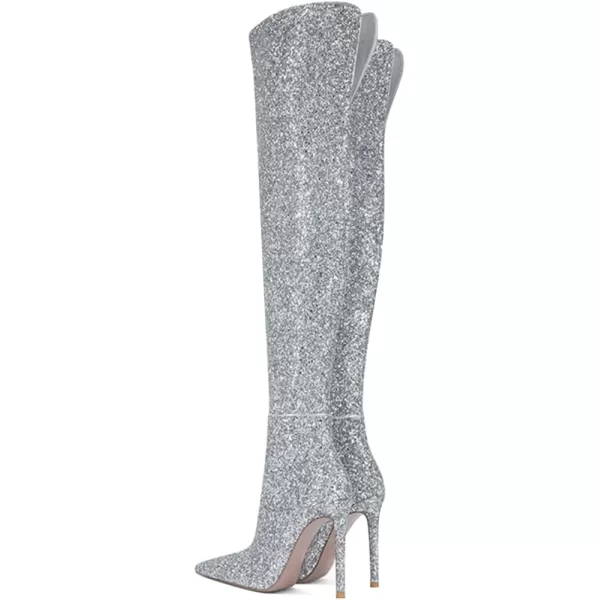 imageFSJ Women Sparkly Glitter Thigh High Boots Over The Knee Long Boots Fashion Sexy High Heels Pointed Toe Party Dance Stiletto Knee High Boots 415 M USSilver