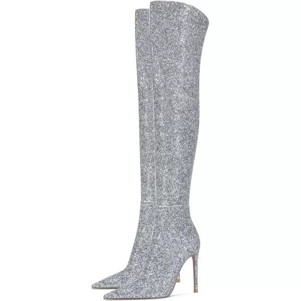 imageFSJ Women Sparkly Glitter Thigh High Boots Over The Knee Long Boots Fashion Sexy High Heels Pointed Toe Party Dance Stiletto Knee High Boots 415 M USSilver