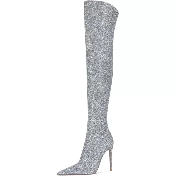 imageFSJ Women Sparkly Glitter Thigh High Boots Over The Knee Long Boots Fashion Sexy High Heels Pointed Toe Party Dance Stiletto Knee High Boots 415 M USSilver