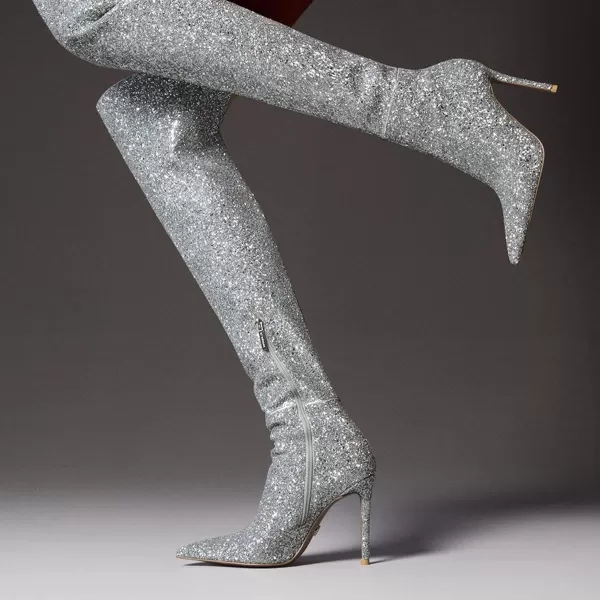 imageFSJ Women Sparkly Glitter Thigh High Boots Over The Knee Long Boots Fashion Sexy High Heels Pointed Toe Party Dance Stiletto Knee High Boots 415 M USSilver