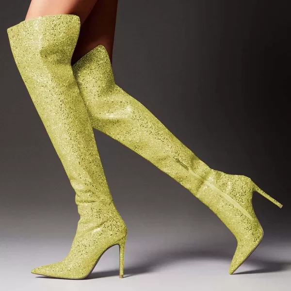 imageFSJ Women Sparkly Glitter Thigh High Boots Over The Knee Long Boots Fashion Sexy High Heels Pointed Toe Party Dance Stiletto Knee High Boots 415 M USYellow Green