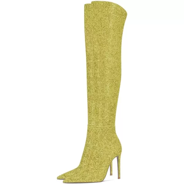 imageFSJ Women Sparkly Glitter Thigh High Boots Over The Knee Long Boots Fashion Sexy High Heels Pointed Toe Party Dance Stiletto Knee High Boots 415 M USYellow Green