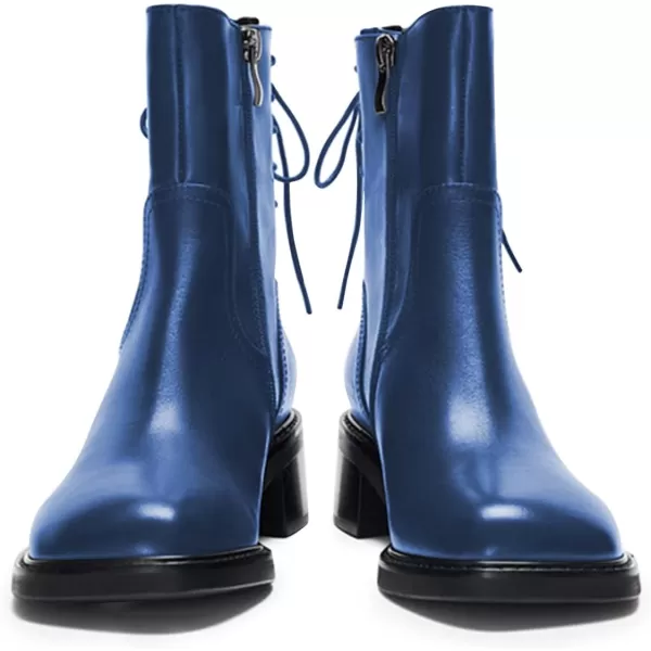 imageFSJ Women Square Toe Chunky Block Heel Ankle Boots Lace Up Low Platform Mid Calf Chelsea Combat Boot Side Zipper Fashion Short Booties Size 415 USBlue2