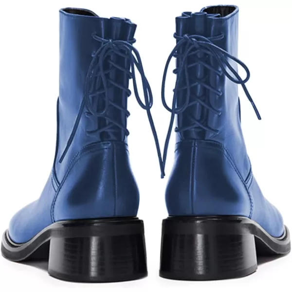 imageFSJ Women Square Toe Chunky Block Heel Ankle Boots Lace Up Low Platform Mid Calf Chelsea Combat Boot Side Zipper Fashion Short Booties Size 415 USBlue2