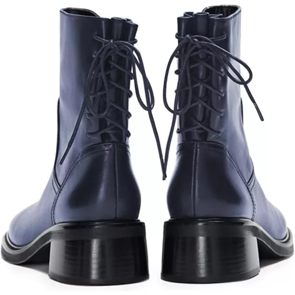 imageFSJ Women Square Toe Chunky Block Heel Ankle Boots Lace Up Low Platform Mid Calf Chelsea Combat Boot Side Zipper Fashion Short Booties Size 415 USBlue