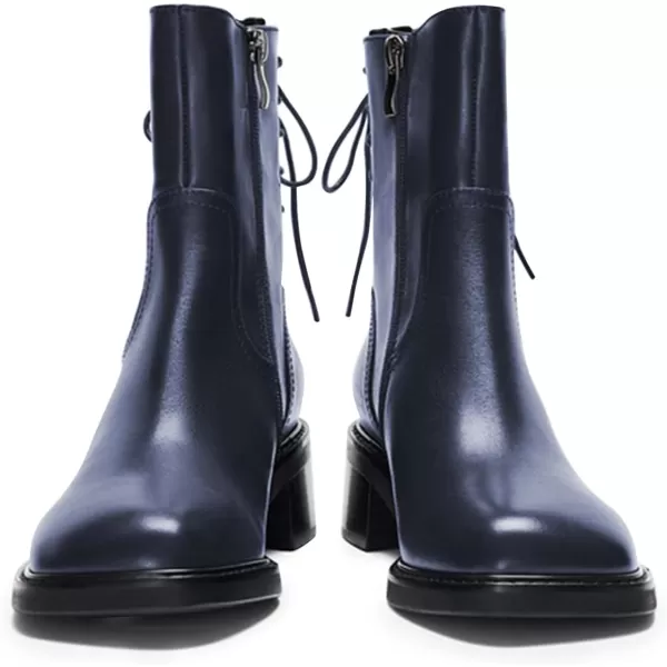 imageFSJ Women Square Toe Chunky Block Heel Ankle Boots Lace Up Low Platform Mid Calf Chelsea Combat Boot Side Zipper Fashion Short Booties Size 415 USBlue