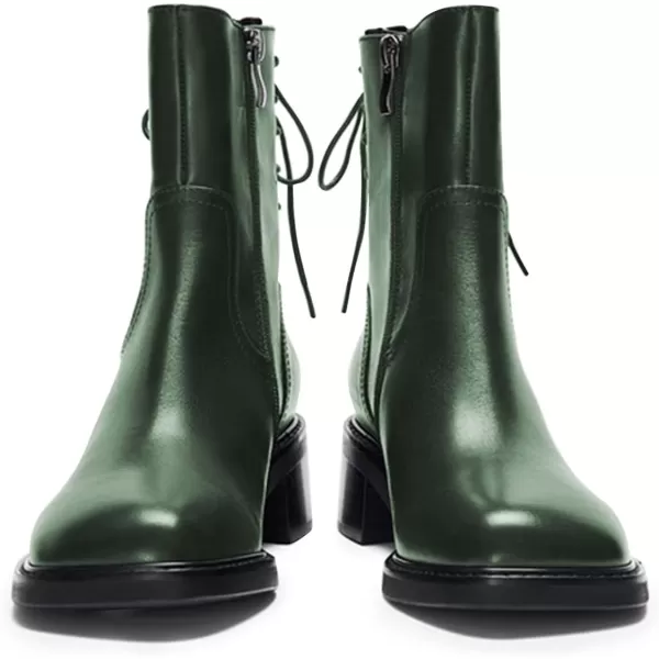 imageFSJ Women Square Toe Chunky Block Heel Ankle Boots Lace Up Low Platform Mid Calf Chelsea Combat Boot Side Zipper Fashion Short Booties Size 415 USGreen