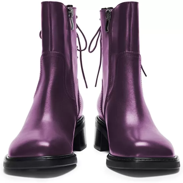 imageFSJ Women Square Toe Chunky Block Heel Ankle Boots Lace Up Low Platform Mid Calf Chelsea Combat Boot Side Zipper Fashion Short Booties Size 415 USPurple