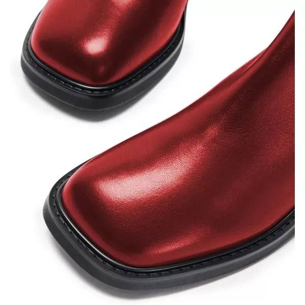 imageFSJ Women Square Toe Chunky Block Heel Ankle Boots Lace Up Low Platform Mid Calf Chelsea Combat Boot Side Zipper Fashion Short Booties Size 415 USRed